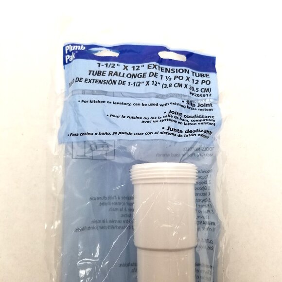 1-1/2 x 12 Extension Tube White PVC Sink Drain P-Trap New Sealed PlumbPak USA - Picture 2 of 5